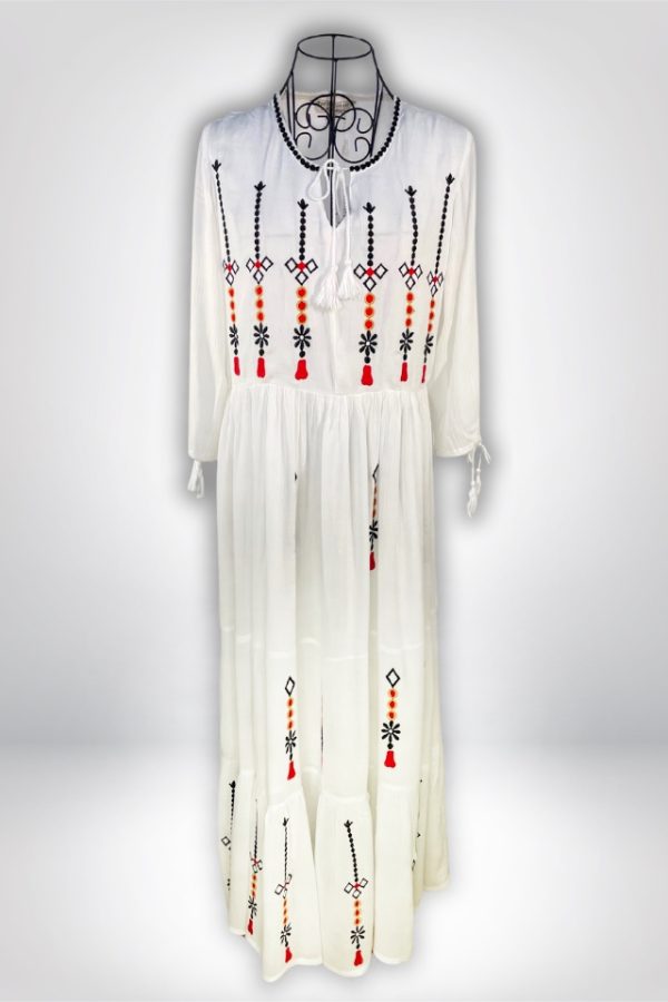Rochie traditionala, alba, dama RL24, alb/rosu