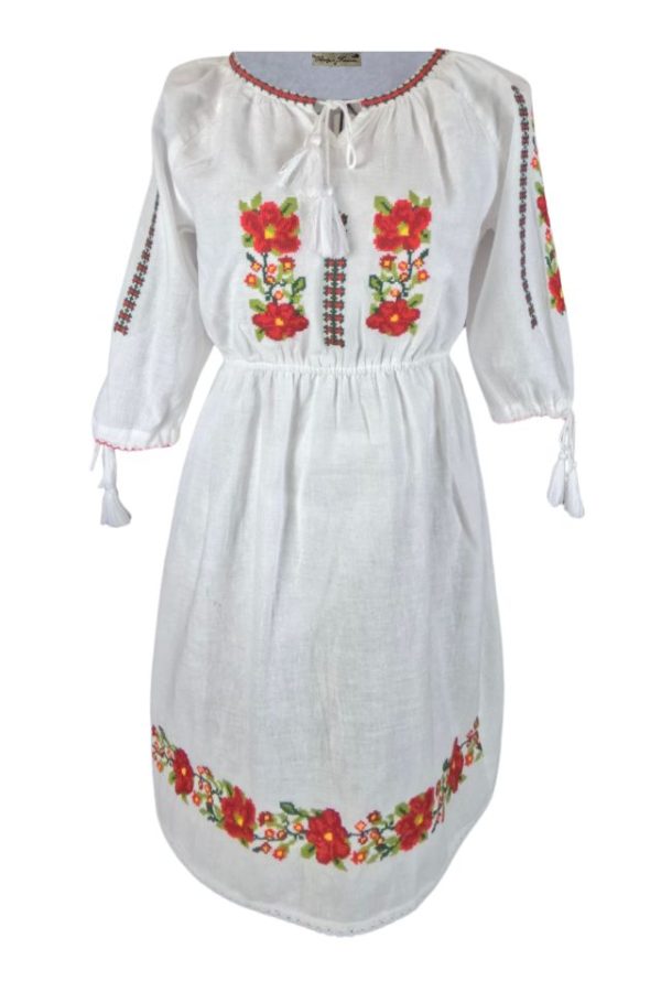 Rochie fete cu model traditional, alb crystal/galben