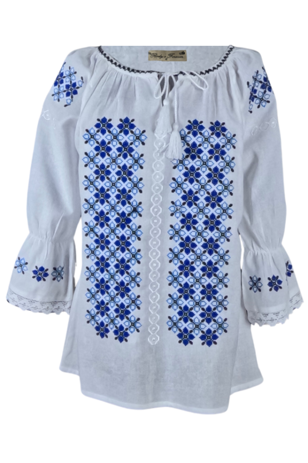 Ie dama albă cu broderie, B23, alb cocos/albastru