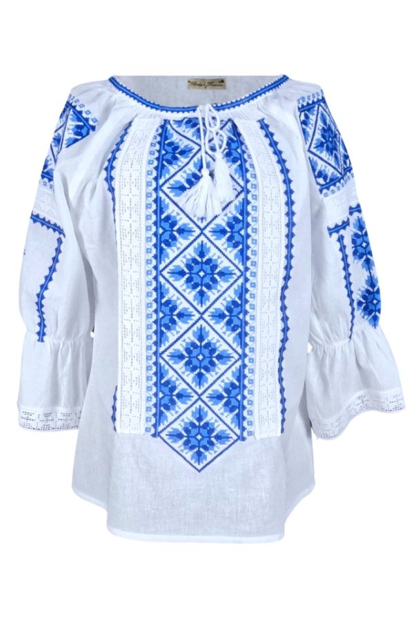 Ie dama alba cu broderie, RDB2, alb cocos/albastru