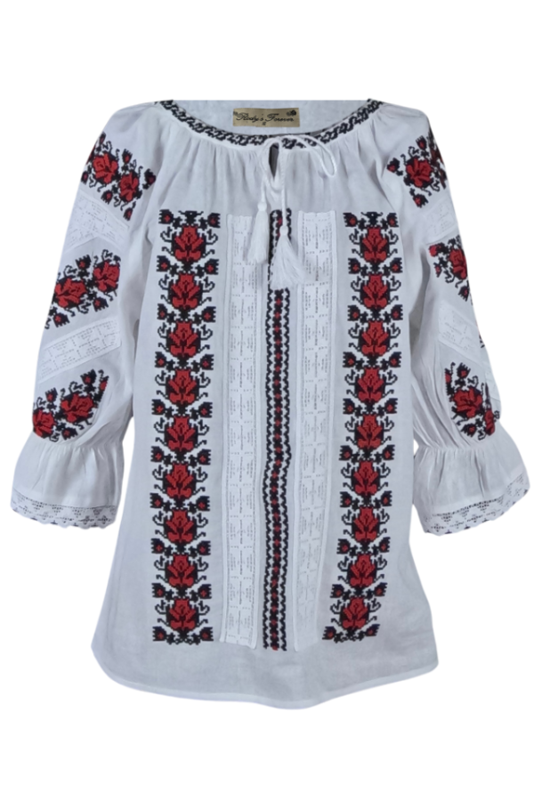 Ie dama albă cu broderie, RD24, alb nature/rosu cardinal