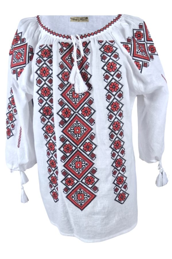 Ie dama alba cu broderie, RD24, alb/rosu bordo