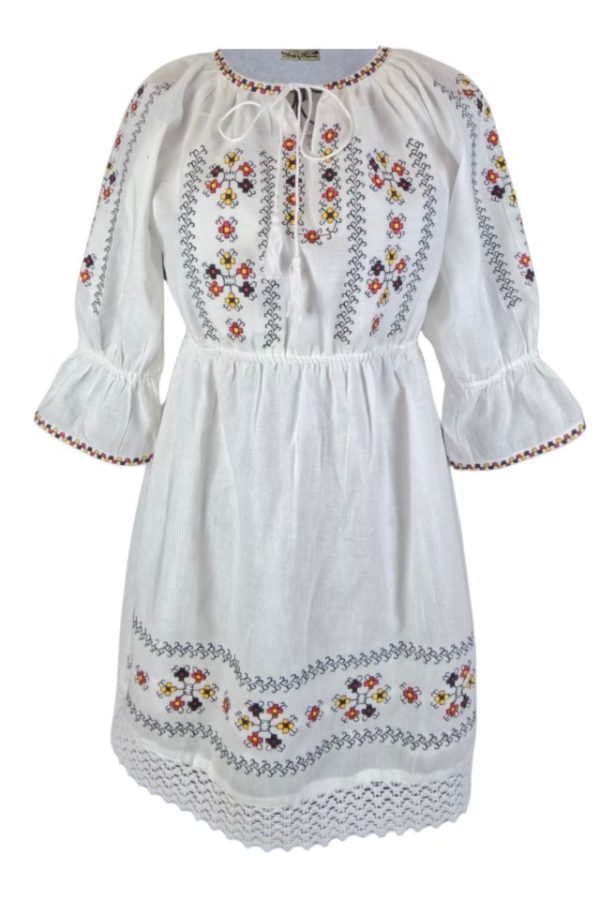 Rochie fete cu model traditional, alb/negru mahon