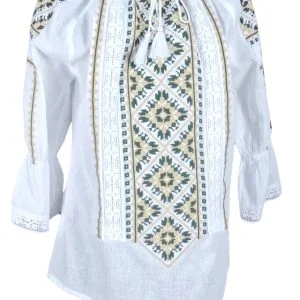 Ie dama alba cu broderie, RDB2, alb pur/verde Ie dama alba cu broderie, RDB2, alb pur/verde