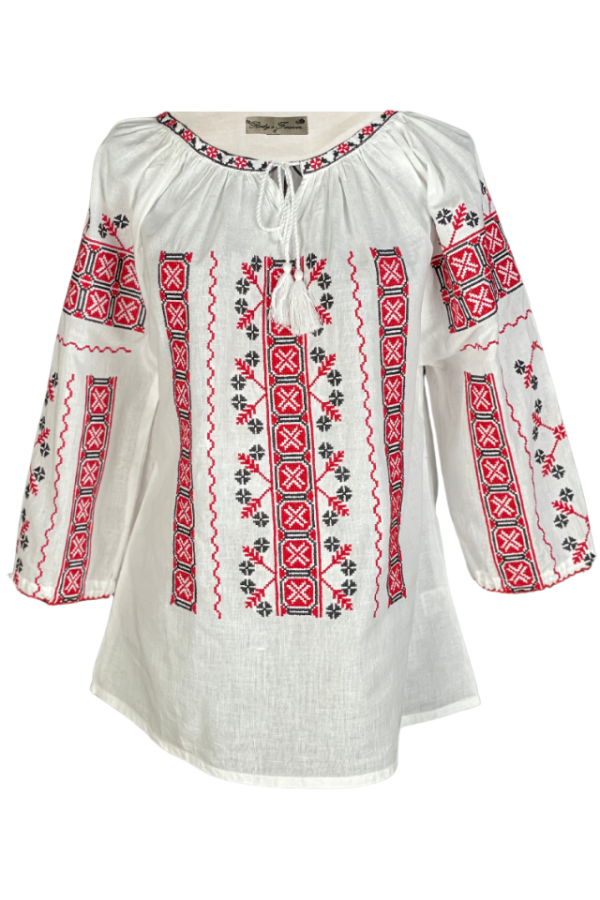 Ie dama alba cu broderie, B23, alb/rosu ferrari