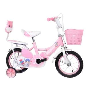 Bicicleta copii 3 - 6 ani, Roti 14", Roz, Doua locuri, Roti ajutatoare, Frane