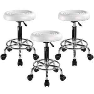 Set 3 bucati - Scaun hidraulic cu roti, Alb, Taburet rotativ, Pentru salon, Cosmetica, Manichiura, Pedichiura,