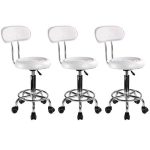 Set 3 bucati - Scaun hidraulic cu spatar si roti, Alb, Taburet rotativ, Pentru salon, Cosmetica, Manichiura