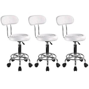 Set 3 bucati - Scaun hidraulic cu spatar si roti, Alb, Taburet rotativ, Pentru salon, Cosmetica, Manichiura