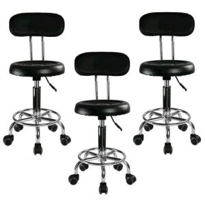 Set 3 bucati - Scaun hidraulic cu spatar si roti, Negru, Taburet rotativ, Pentru salon, Cosmetica, Manichiura