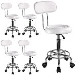 Set 5 bucati - Scaun hidraulic cu spatar si roti, Alb, Taburet rotativ, Pentru salon, Cosmetica, Manichiura