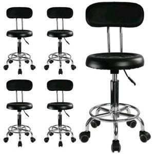 Set 5 bucati - Scaun hidraulic cu spatar si roti, Negru, Taburet rotativ, Pentru salon, Cosmetica, Manichiura