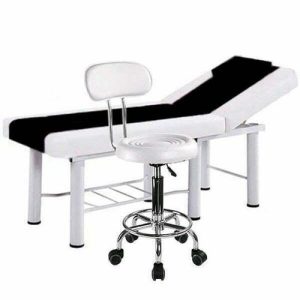 Set salon - Scaun hidraulic cu spatar, Taburet rotativ, Alb + Masa cosmetica, Pat masaj profesional,