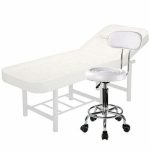 Set salon - Scaun hidraulic cu spatar, Taburet rotativ, Alb + Masa cosmetica, Pat masaj profesional,