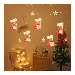 Instalatie pom Craciun, Perdea luminoasa – Stelute + Cizmulite, alba, 2.60×0.65 cm