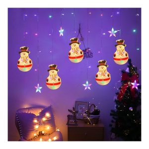 Instalatie pom Craciun, Perdea luminoasa – Stelute + Om de zapada, multicolora, 2.60×0.65 cm