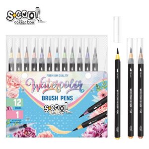 Set markere cu varf tip pensula pe baza de apa + pensula cu rezervor, 12+1 – S-COOL