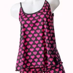 Pijama dama, microfibra imprimata, elastica, negru cu inimioare - Pinky Heart