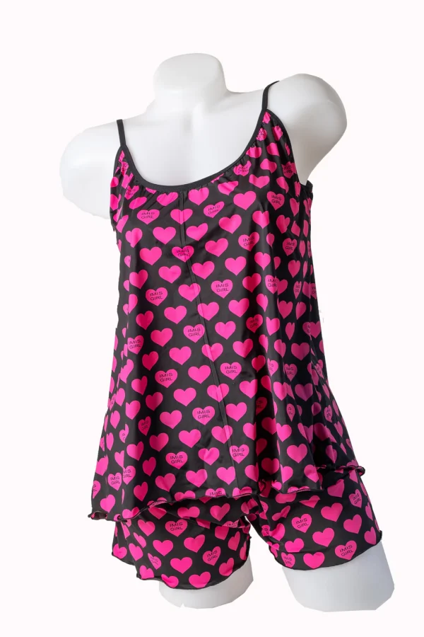 Pijama dama, microfibra imprimata, elastica, negru cu inimioare - Pinky Heart
