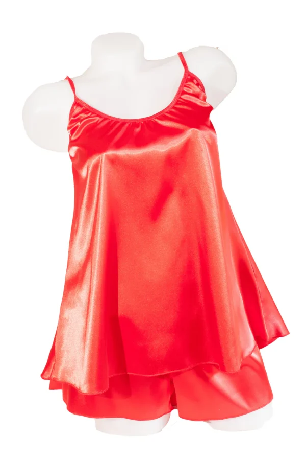 Pijama dama doua piese, imprimeu uni, satin soft rosu - ROUGE