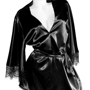 Halat dama satin soft negru, dantela tip chantilly - ROMANCE