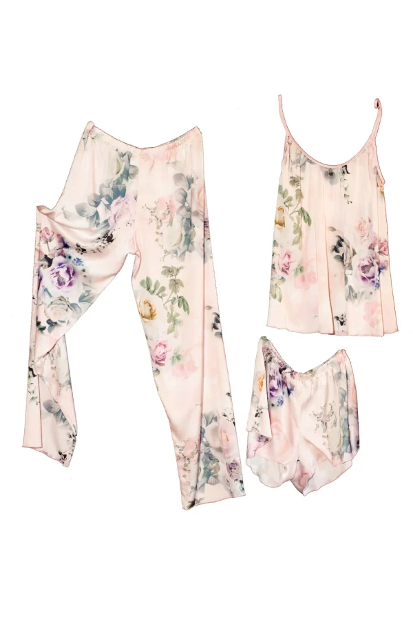 Pijama dama trei piese, satin soft imprimat - ROMANCE