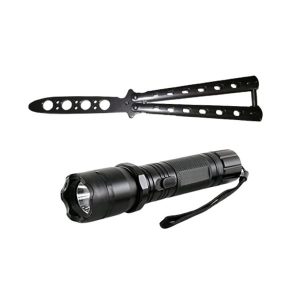 Set Electrosoc Lanterna tip Police 1000KV si Briceag fluture basic, 22 cm, argintiu